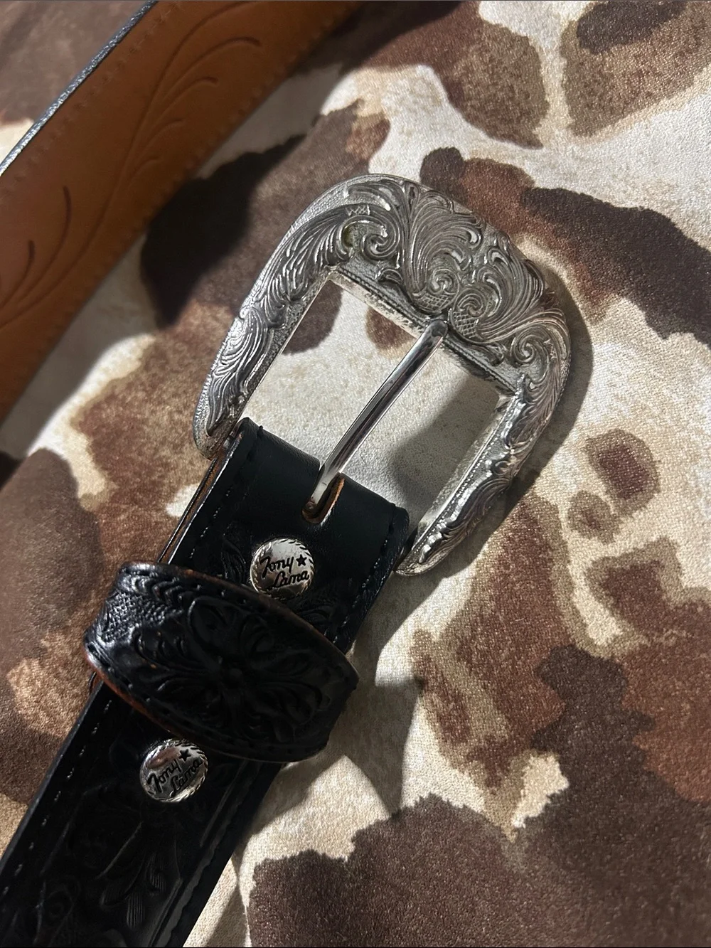 Tony Lama Black Beaded Tooled Leather Belt 38